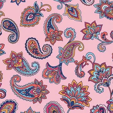 Vibrant Paisley Pattern on Pink Background Seamless Design. Stock Illustration