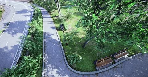 Vibrant park setting showing pathways and benches in a green landscape Stock Illustration