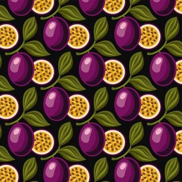 Vibrant passion fruit pattern with leaves and halved fruits Stock Illustration