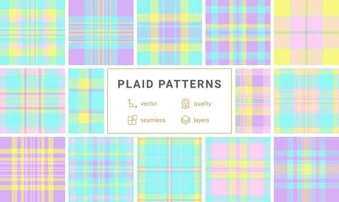 Vibrant pastel plaid background featuring a seamless tartan design in cyan, y Stock Illustration