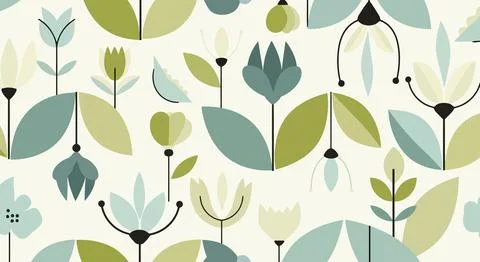 A vibrant pattern of abstract leaf and petal shapes in shades of green and bl Stock Illustration