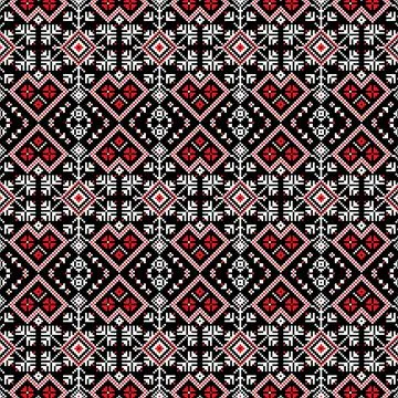 A vibrant pattern with black, red, and white flowers on a red background Stock Illustration
