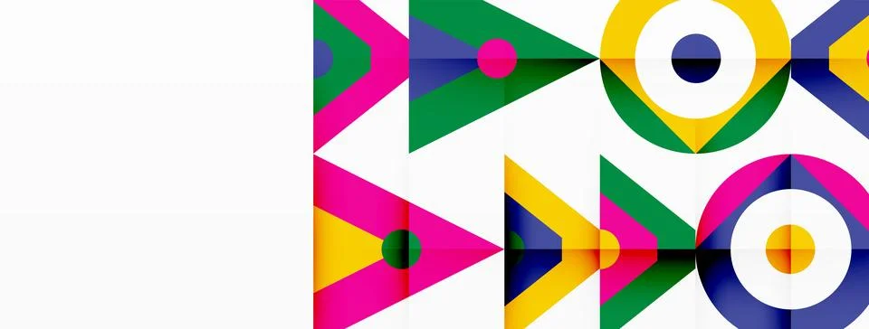 Vibrant pattern of colorful triangles and circles on a white background Stock Illustration