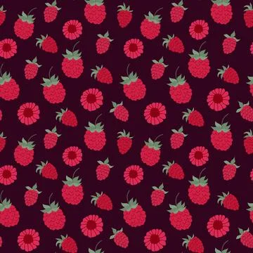 A vibrant pattern featuring various raspberries and flowers on a deep backgro 스톡 일러스트