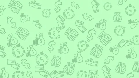 Vibrant pattern of financial icons including dollar signs coins credit cards and Stock Footage 318511463