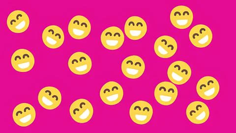 Vibrant pattern of happy laughing yellow emoji faces scattered on a bright .. Ilustração Stock