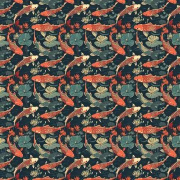 Vibrant pattern of koi fish swimming in a tranquil pond surrounded by lush folia Stock Illustration