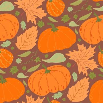 Vibrant pattern of pumpkins and autumn leaves in shades of orange, brown, and Stock Illustration