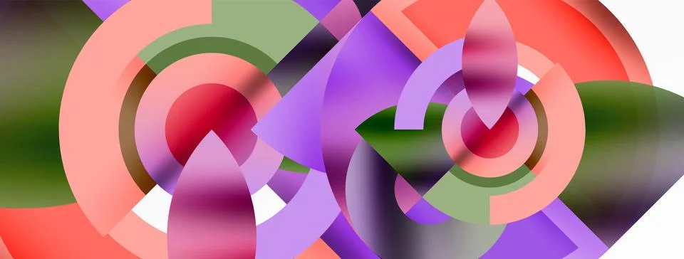 Vibrant pattern with purple circles, triangles, and petals on white background 스톡 일러스트