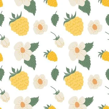 A vibrant pattern showcases raspberry yellow fruits alongside delicate flower Stock Illustration