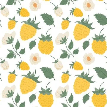 A vibrant pattern showcases yellow pineapples surrounded by delicate white fl Stock Illustration