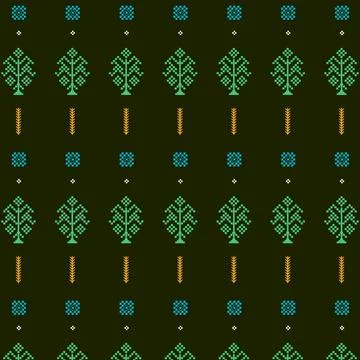 A vibrant pattern with trees in shades of green and blue, repeated seamless Stock Illustration