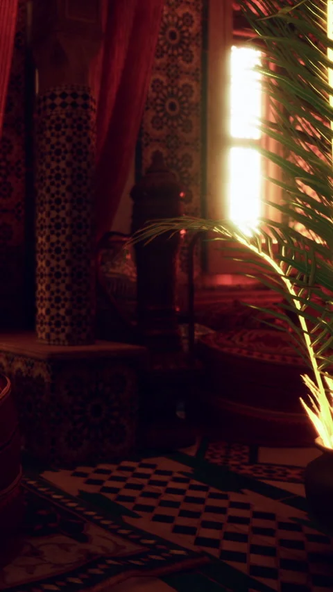 Vibrant patterns and warm light fill the room in a Moroccan setting Stock Footage 339510154