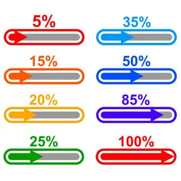 Vibrant Percentage Progress Bars with Arrows, Ranging 5% to 100% on White B.. Illustrazione stock