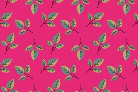 Vibrant pink background adorned with a repeating pattern of stylized leaves. Stock Illustration