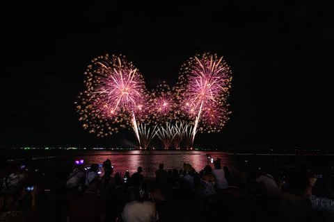 Vibrant Pink Fireworks Exploding Over Silhouetted Crowd Watching On Ocean B.. Stock Photos