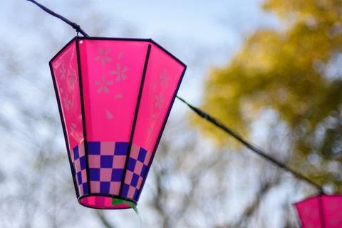 A vibrant pink hexagonal lantern with delicate floral patterns against a so.. Stock Photos