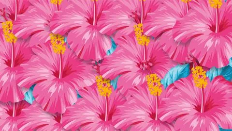 Vibrant Pink Hibiscus Flowers Pattern Tropical Hawaiian Floral Background. Stock Illustration