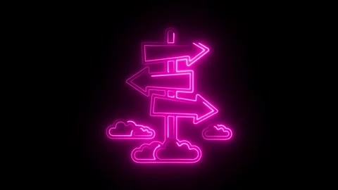 Vibrant pink neon signpost with multiple directional arrows and stylized cl.. Stock Footage 314714299