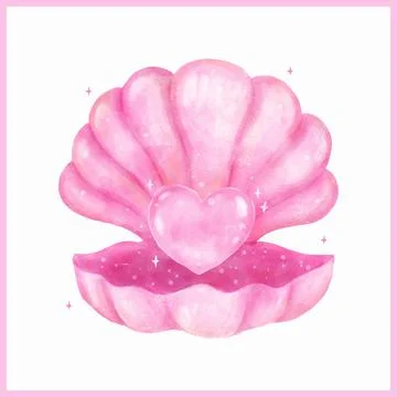 Vibrant Pink Open Clam Shell with Pearl Hearted shape Seashell Watercolor Stock Illustration