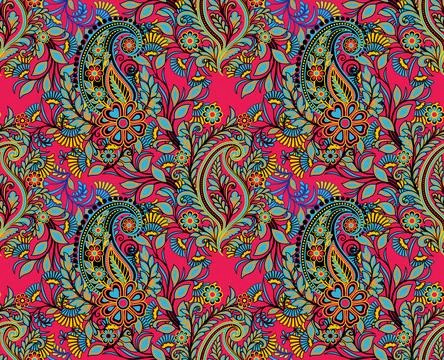 Vibrant Pink Paisley Seamless Pattern with Floral Motifs Иллюстрация