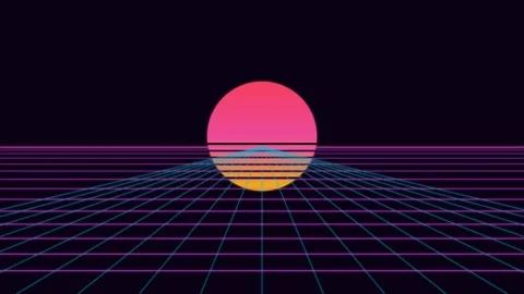 A vibrant pink sun rising over a digital neon grid in retro synthwave style Stock Footage 338312079