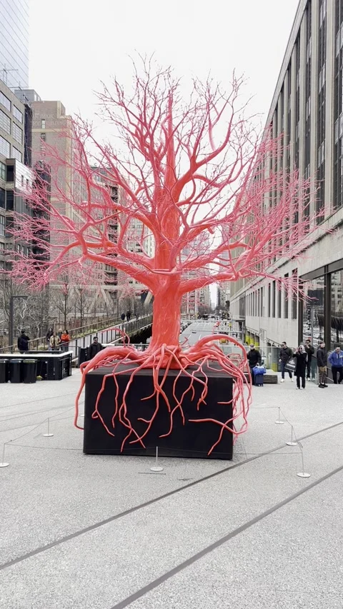 Vibrant Pink Tree Sculpture "Old Tree" by Pamela Rosenkranz at High Line, NYC Stock Footage 328328386