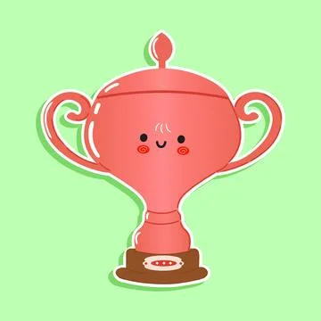 A vibrant pink trophy with a smiling face sits on a brown base against a soft Stock Illustration