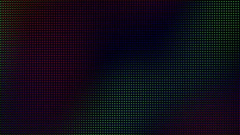 Vibrant Pixel Grid: A dynamic gradient of red, blue, and green forms dots a dark Stock Footage 318089753