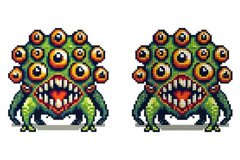 A vibrant, pixelated monster features numerous large eyes and sharp teeth, .. Stock Illustration