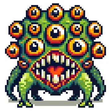 A vibrant, pixelated monster features numerous large eyes and sharp teeth, .. Stock Illustration