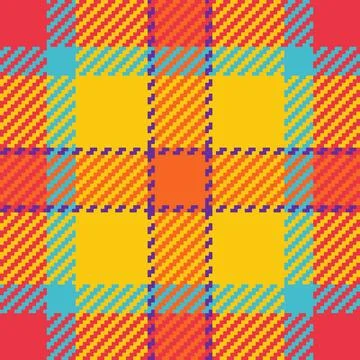 Vibrant, pixelated plaid pattern in bold yellow, orange, red, and teal.  Perf Illustrazione stock