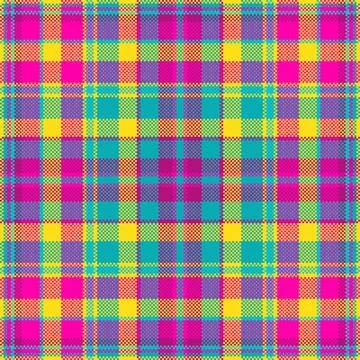 A vibrant pixelated plaid pattern featuring bold pink, yellow, and teal ton.. Illustrazione stock