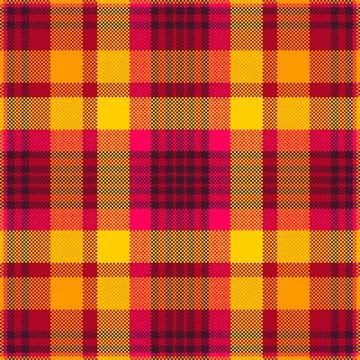 Vibrant pixelated plaid pattern. Red, yellow, and orange squares create a war 스톡 일러스트