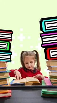 Vibrant pixelated school library vibe with a girl immersed in reading Stock Photos
