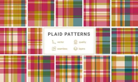 Vibrant plaid pattern featuring warm mustard, red, and orange tones with te.. Illustrazione stock