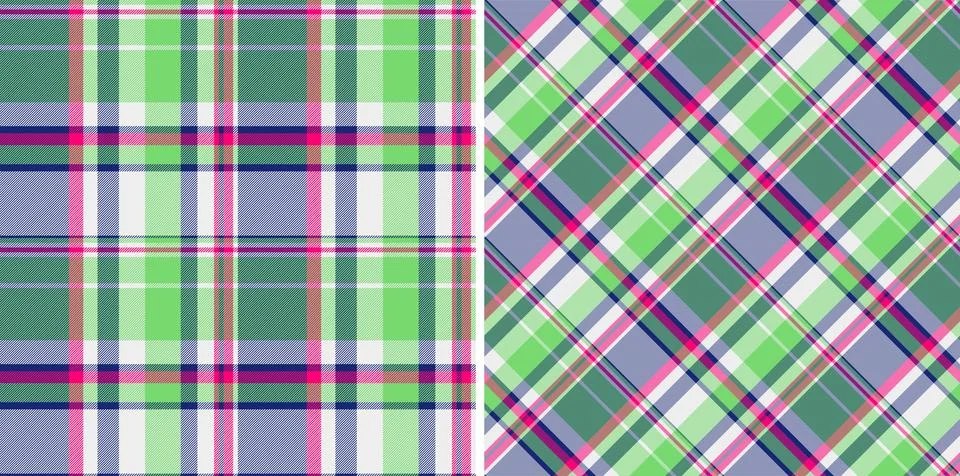 Vibrant plaid patterns. Classic  diagonal textile designs featuring green, bl Stock Illustration