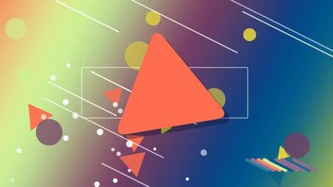 A vibrant play-button style icon with floating shapes and frames appears ov.. Stock-Illustration