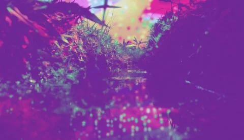 Vibrant Psychedelic Grass And Water Reflection With Dreamy Neon Bokeh  Abst.. Stock Illustration