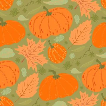 Vibrant pumpkin and leaf pattern with orange and green tones, celebrating Stock Illustration