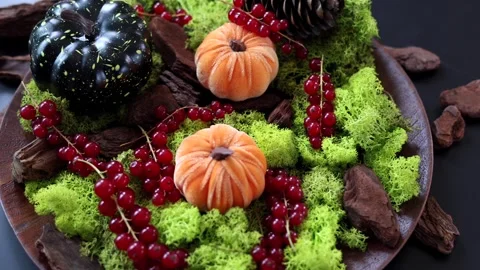 Vibrant pumpkins rest on textured wood, surrounded by bark, evoking autumn Stock-Footage 289749645