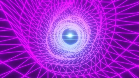 Vibrant purple and pink wireframe tunnel leading to a central glowing spher.. Video stock 304828739