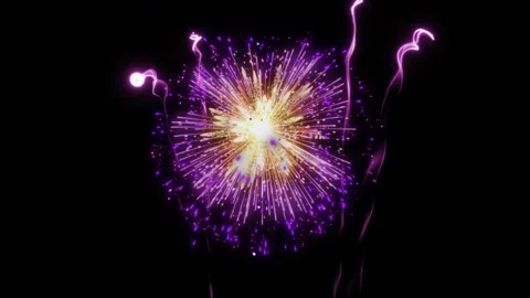 Vibrant purple fireworks burst dramatically against a dark night sky in Stock Footage 344367614