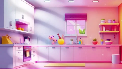 Vibrant Purple Kitchen: A Fun and Modern Design with Colorful Accents and Sunny Video stock 308847059