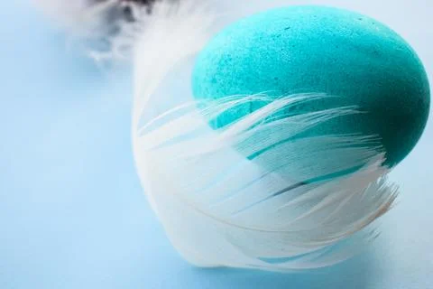 Vibrant Pysanka and Dyed Easter Eggs with Soft Feathers on Blue Background Stock Photos
