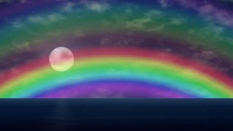 Vibrant Rainbow Arching Over Calm Sea with Glowing Sun at Sunrise Stock Footage 344936098