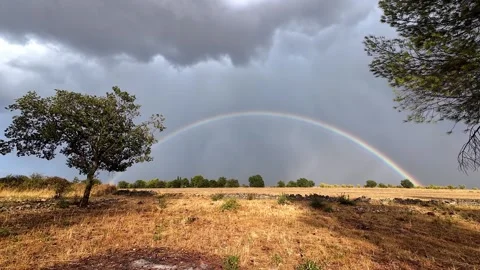 Vibrant Rainbow Arching Over Rural Field Against Dark Stormy Clouds Stock Footage 346081102