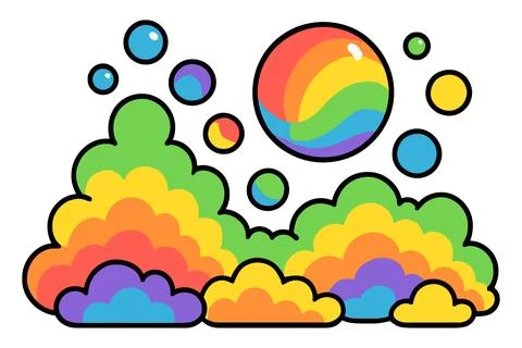 Vibrant rainbow colored bubbles and clouds floating in a playful design Stock Illustration