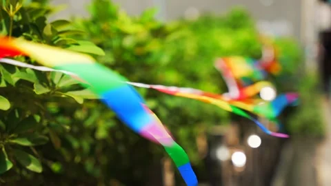 Vibrant rainbow-colored flags strung and waving above greenery at Bangkok Pride 库存影片 314246327