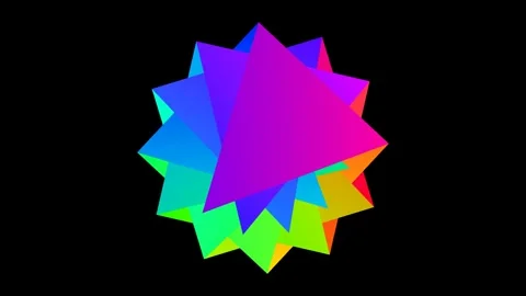 A vibrant rainbow colored geometric star shape on a deep black background Video stock 335117118